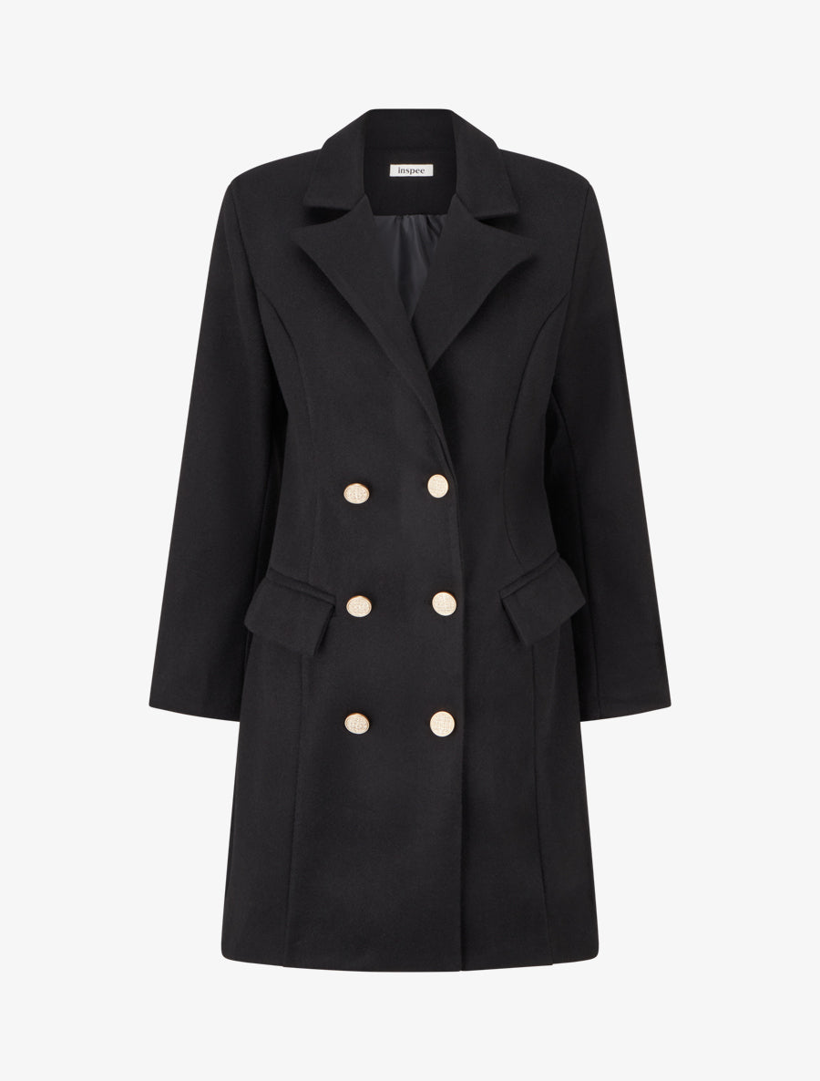 Manteau droit croisé en laine mélangé - Noir - 1