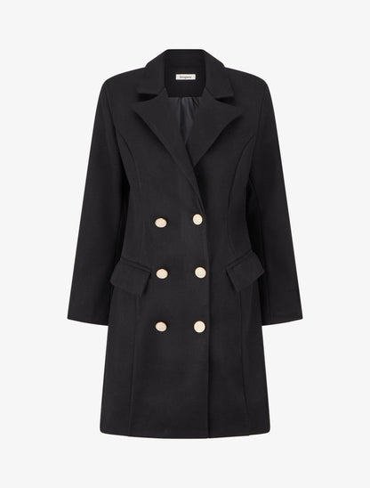 Manteau droit croisé en laine mélangé - Noir - 1