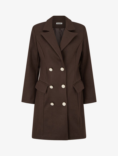 Manteau droit croisé en laine mélangé - Chocolat - 1