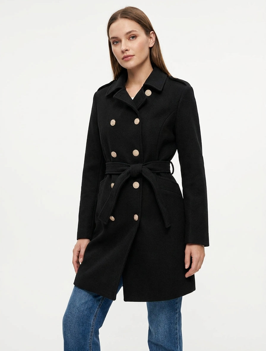 Manteau style officier en laine mélangée - Noir