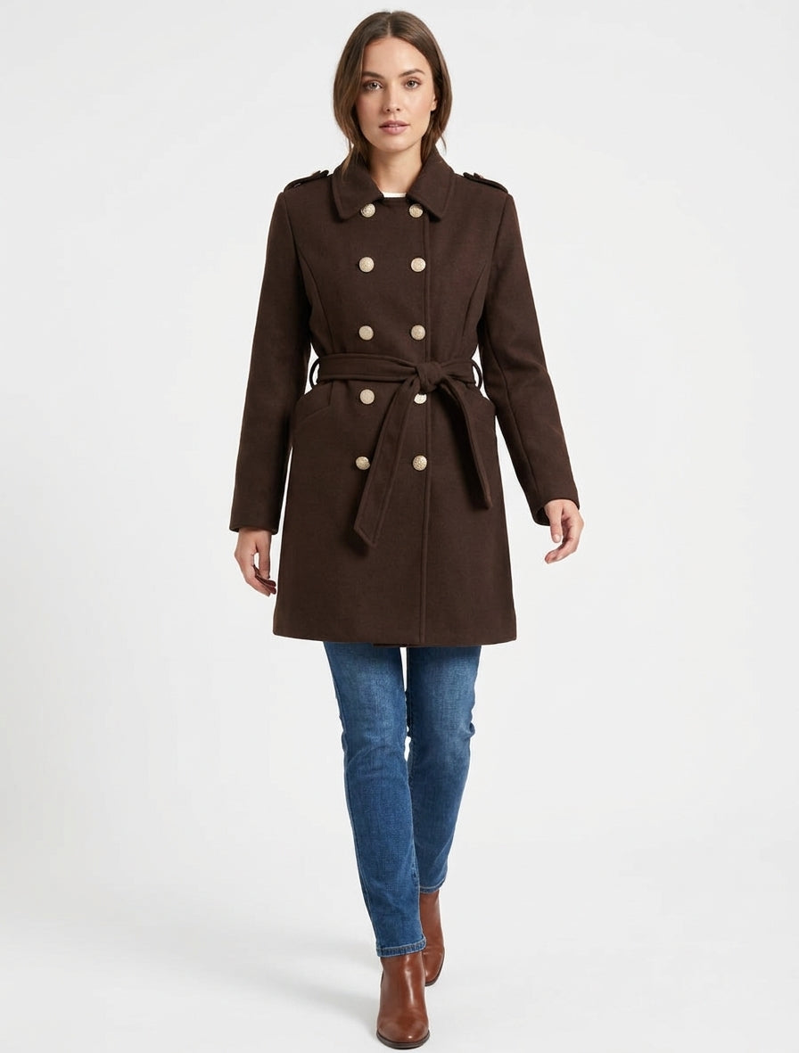 Manteau style officier en laine mélangée - Marron