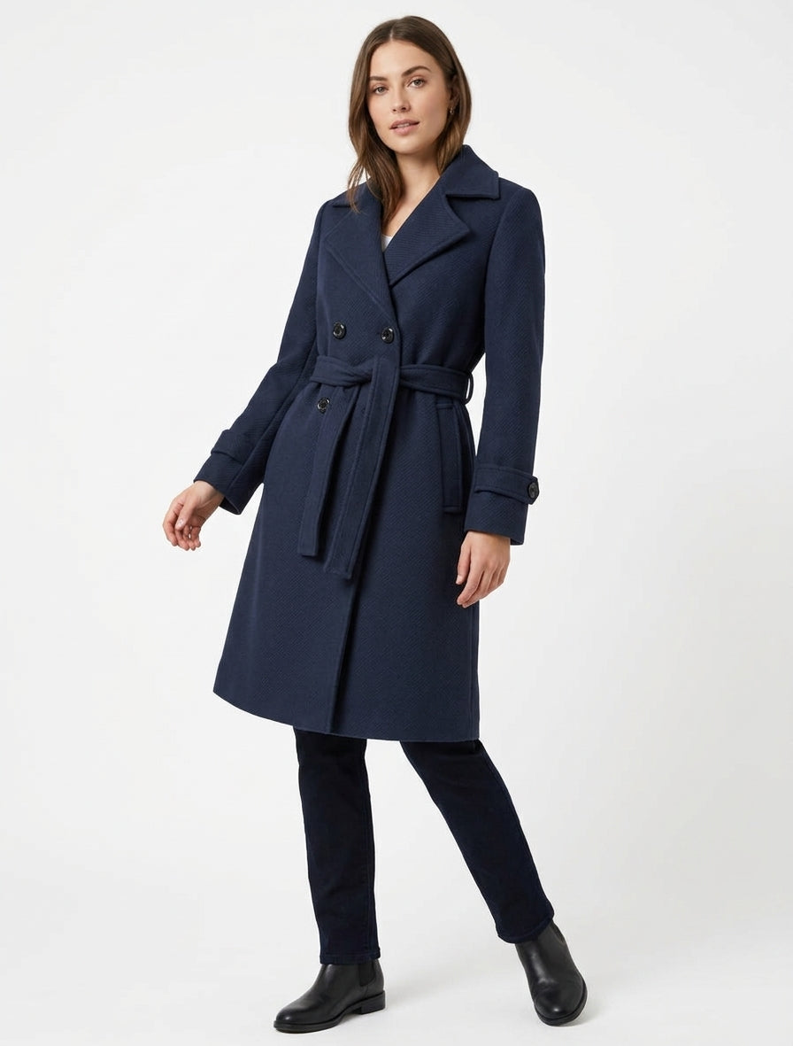Manteau droit uni ceinturé - Marine