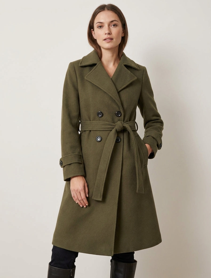Manteau droit uni ceinturé - Vert olive