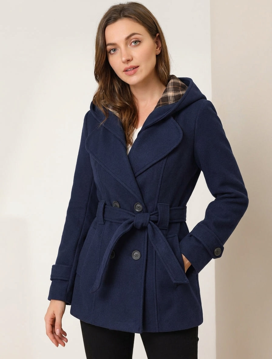 Manteau uni à capuche imprimée amovible - Marine