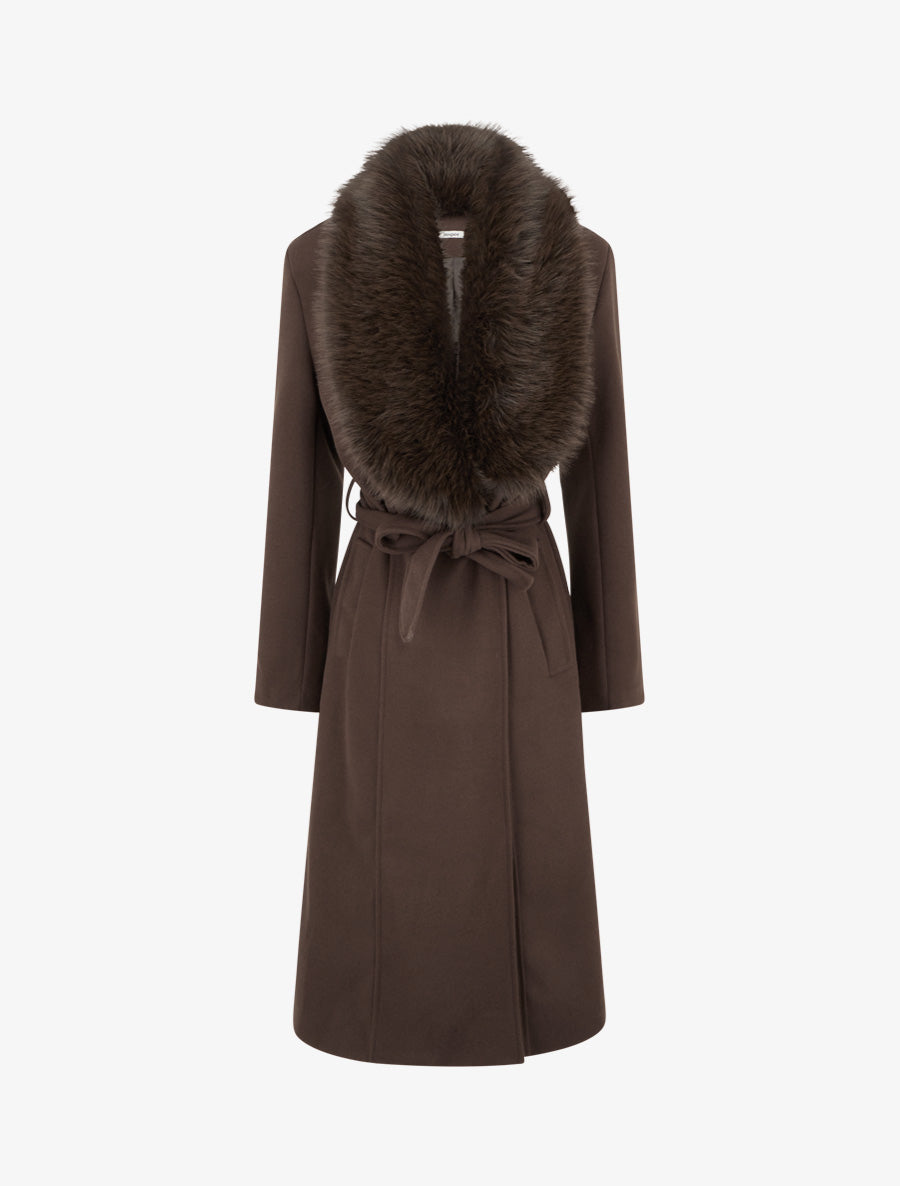 Manteau à col en fourrure synthétique amovible - Marron - 1