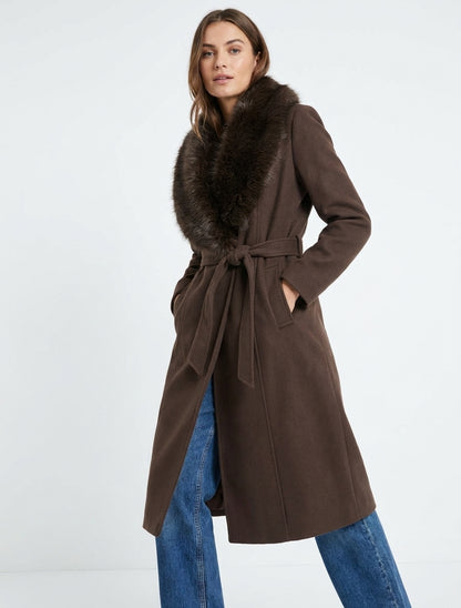 Manteau à col en fourrure synthétique amovible - Marron