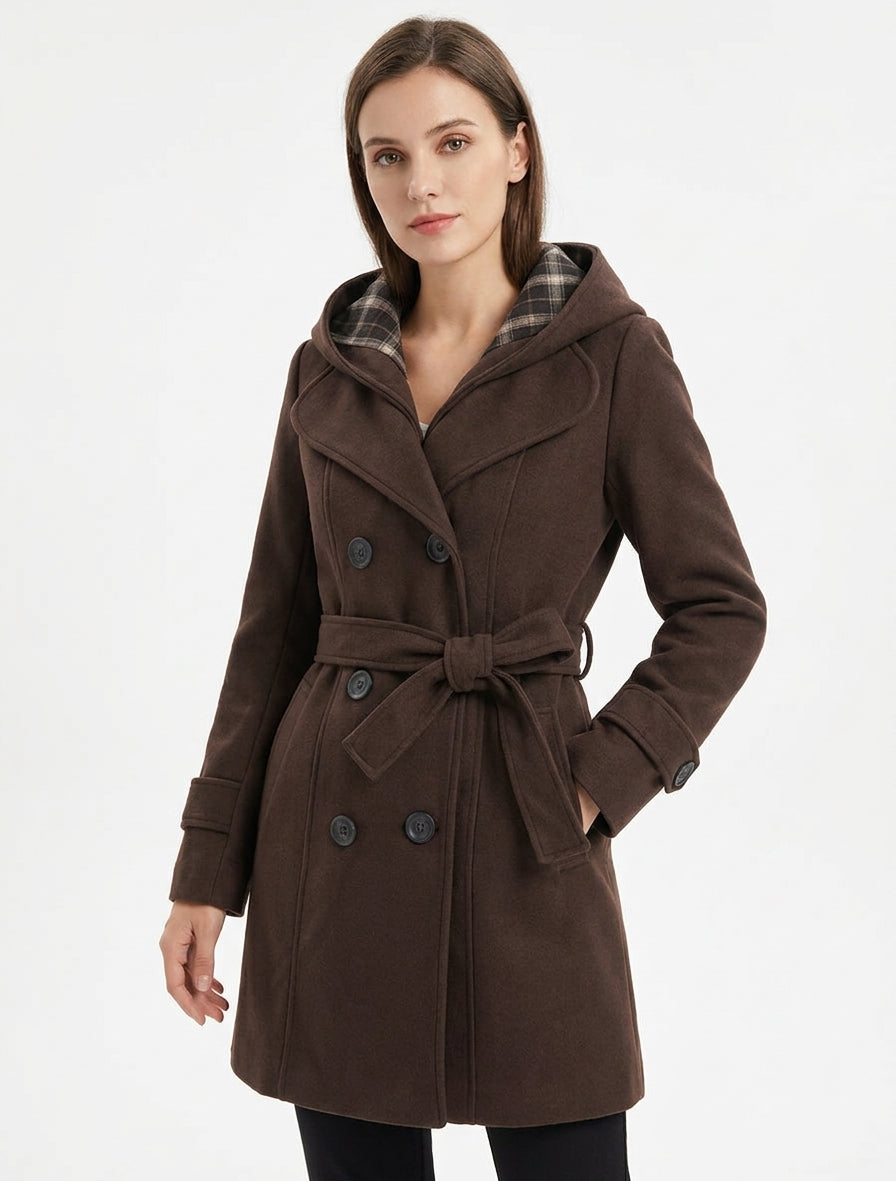 Manteau droit à capuche amovible - Marron