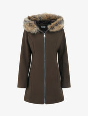 Manteau long à capuche ornée de fourrure synthétique - Marron - 1