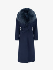 Manteau long ceinturé à fourrure synthétique amovible - Marine - 1
