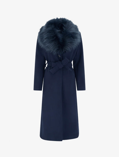 Manteau long ceinturé à fourrure synthétique amovible - Marine - 1