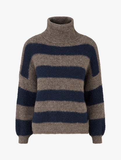 Pull rayé à col roulé - Marine/taupe - 1