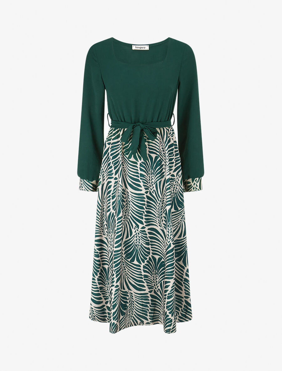 Robe évasée à jupe imprimé végétal - Vert - 1