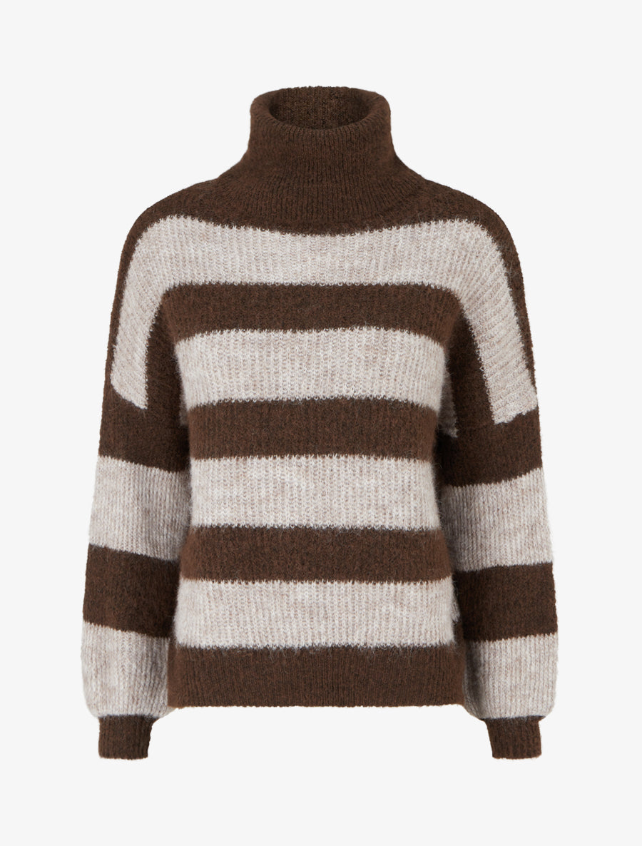 Pull rayé à col roulé - Marron/taupe - 1
