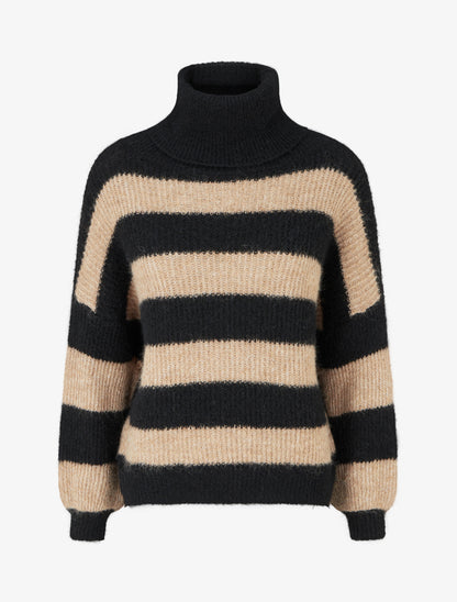 Pull rayé à col roulé - Noir/camel - 1