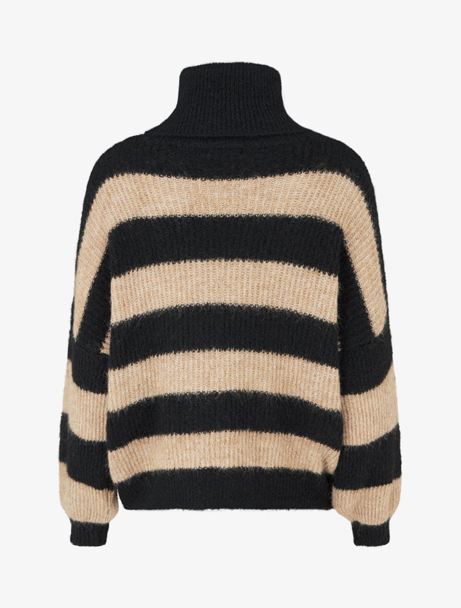 Pull rayé à col roulé - Noir/camel - 2