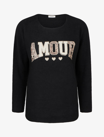 Pull uni floqué à col rond - Noir - 1