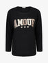 Pull uni floqué à col rond - Noir - 1
