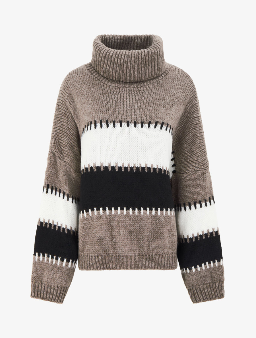 Pull rayé à col roulé - Taupe - 1