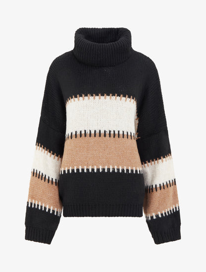 Pull rayé à col roulé - Noir - 1