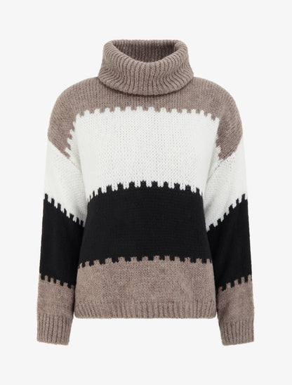 Pull col roulé à rayures - Taupe - 1