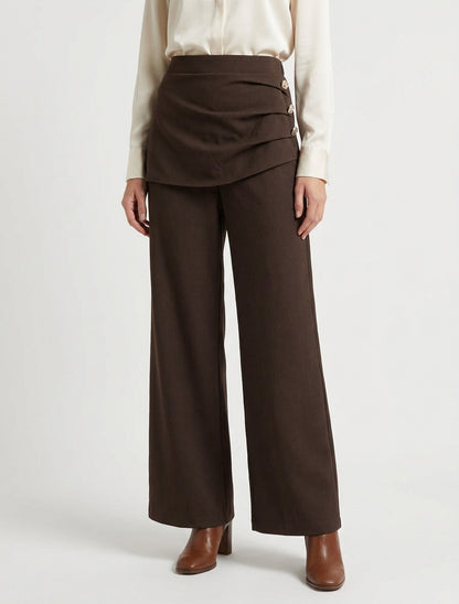 Pantalon ample taille haute et drapé - Marron