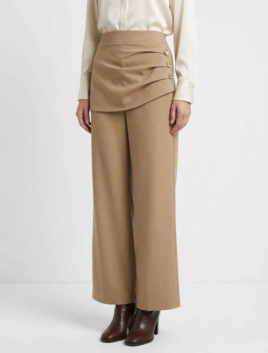 Pantalon ample taille haute et drapé - Camel clair