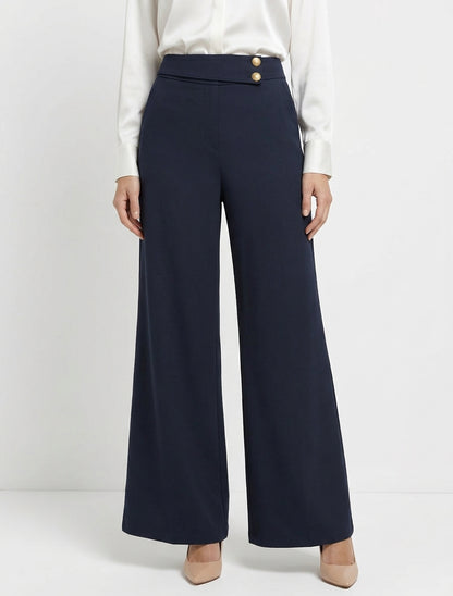Pantalon ample taille haute élastiquée - Marine