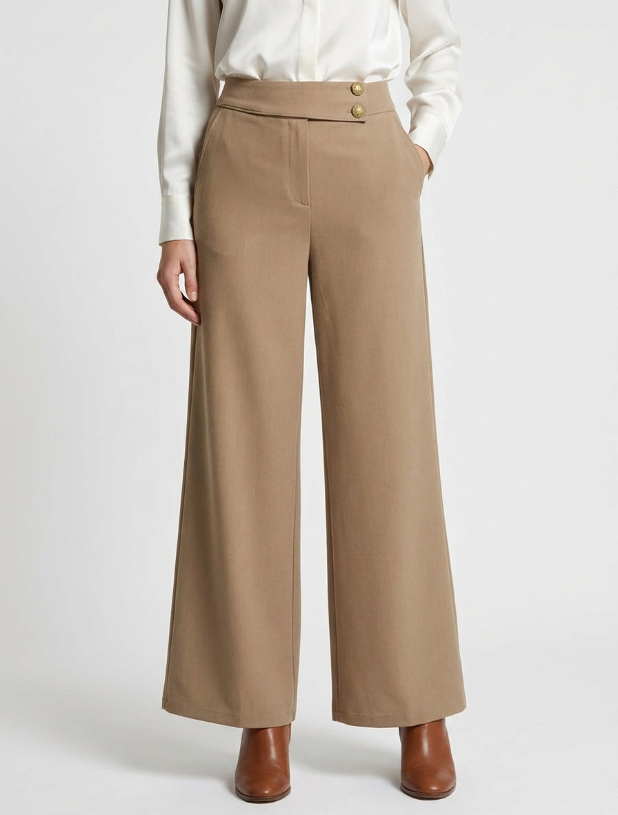 Pantalon ample taille haute élastiquée - Camel clair