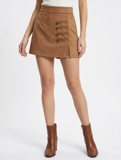 Suède rok-short met decoratieve knopen - Kameel