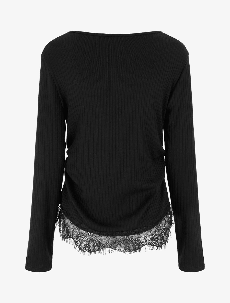 Pull côtelé bas dentelle et côtés froncés - Noir - 2
