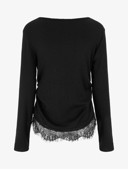 Pull côtelé bas dentelle et côtés froncés - Noir - 2