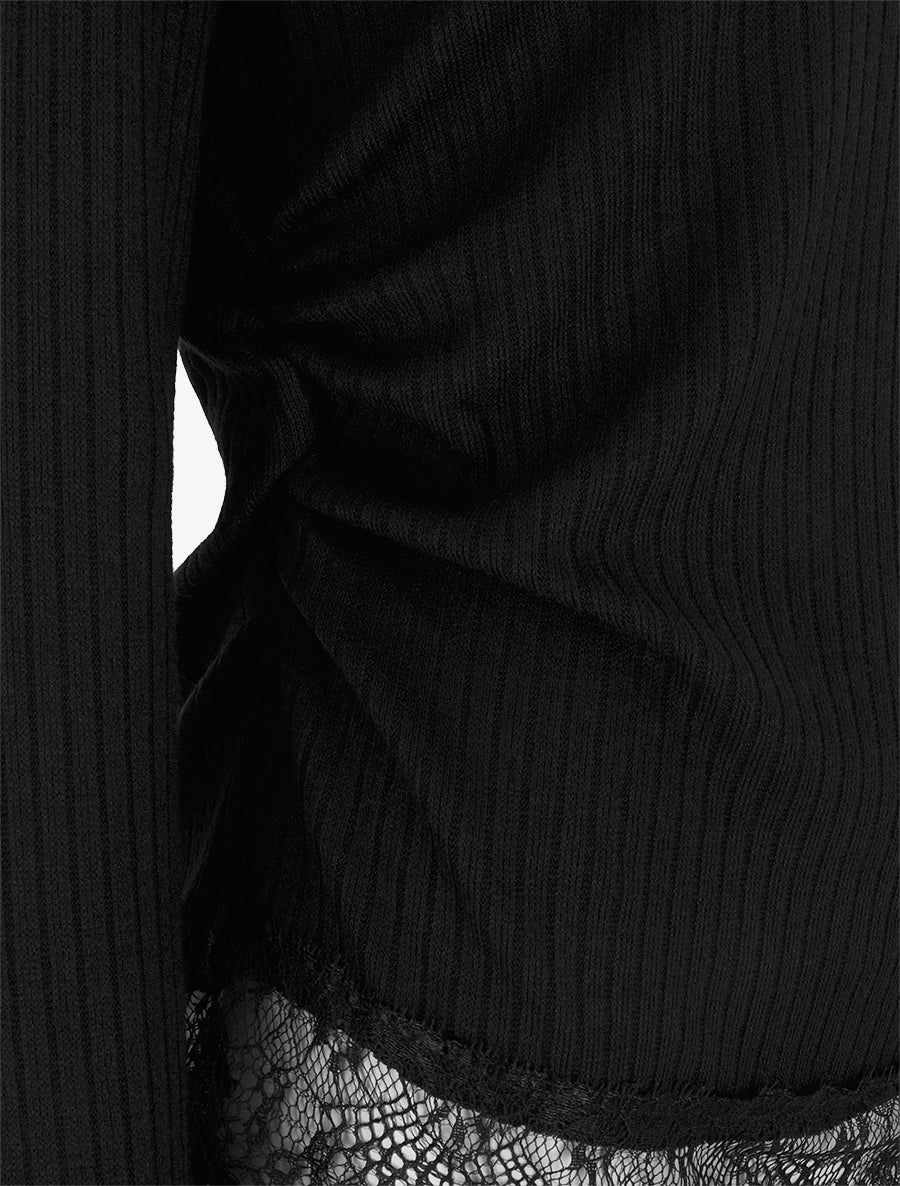 Pull côtelé bas dentelle et côtés froncés - Noir - 3