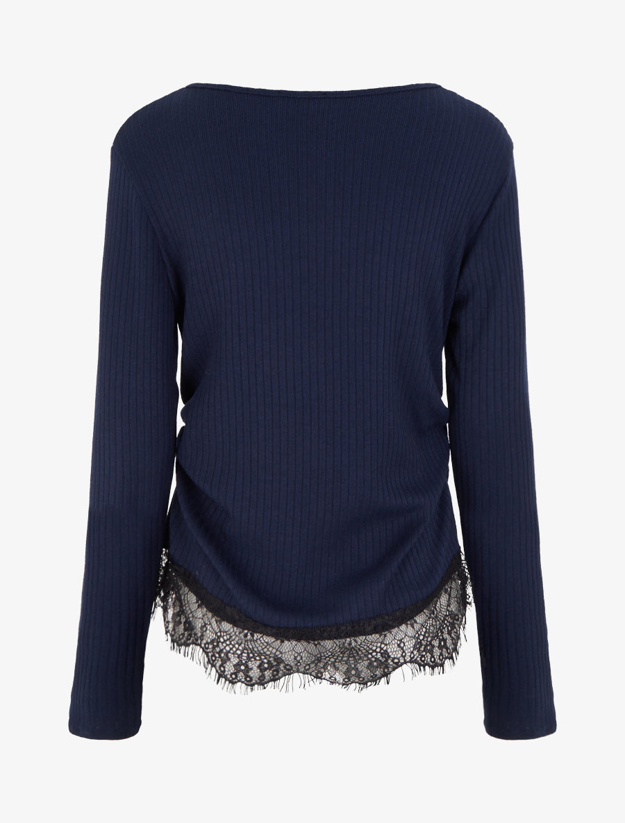 Pull côtelé bas dentelle et côtés froncés - Marine - 2