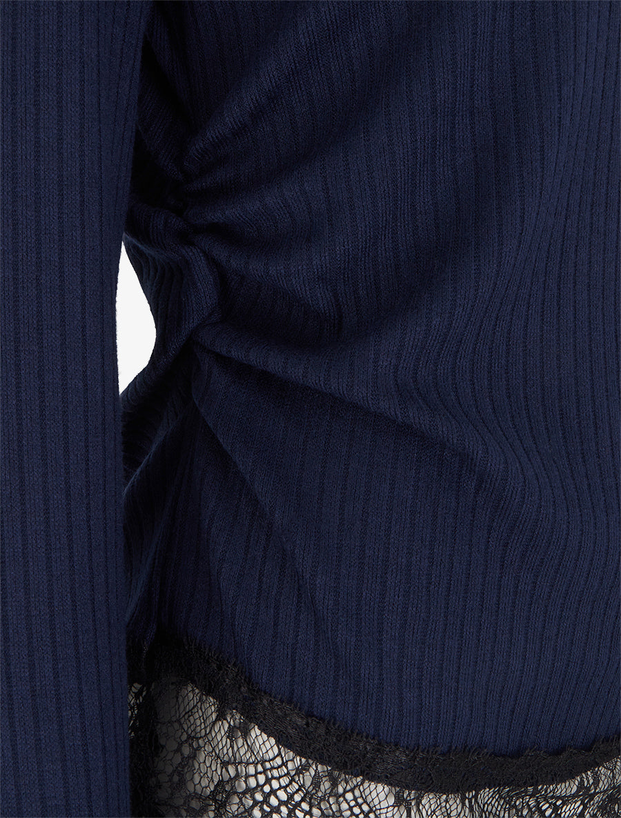 Pull côtelé bas dentelle et côtés froncés - Marine - 3