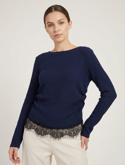 Pull côtelé bas dentelle et côtés froncés - Marine