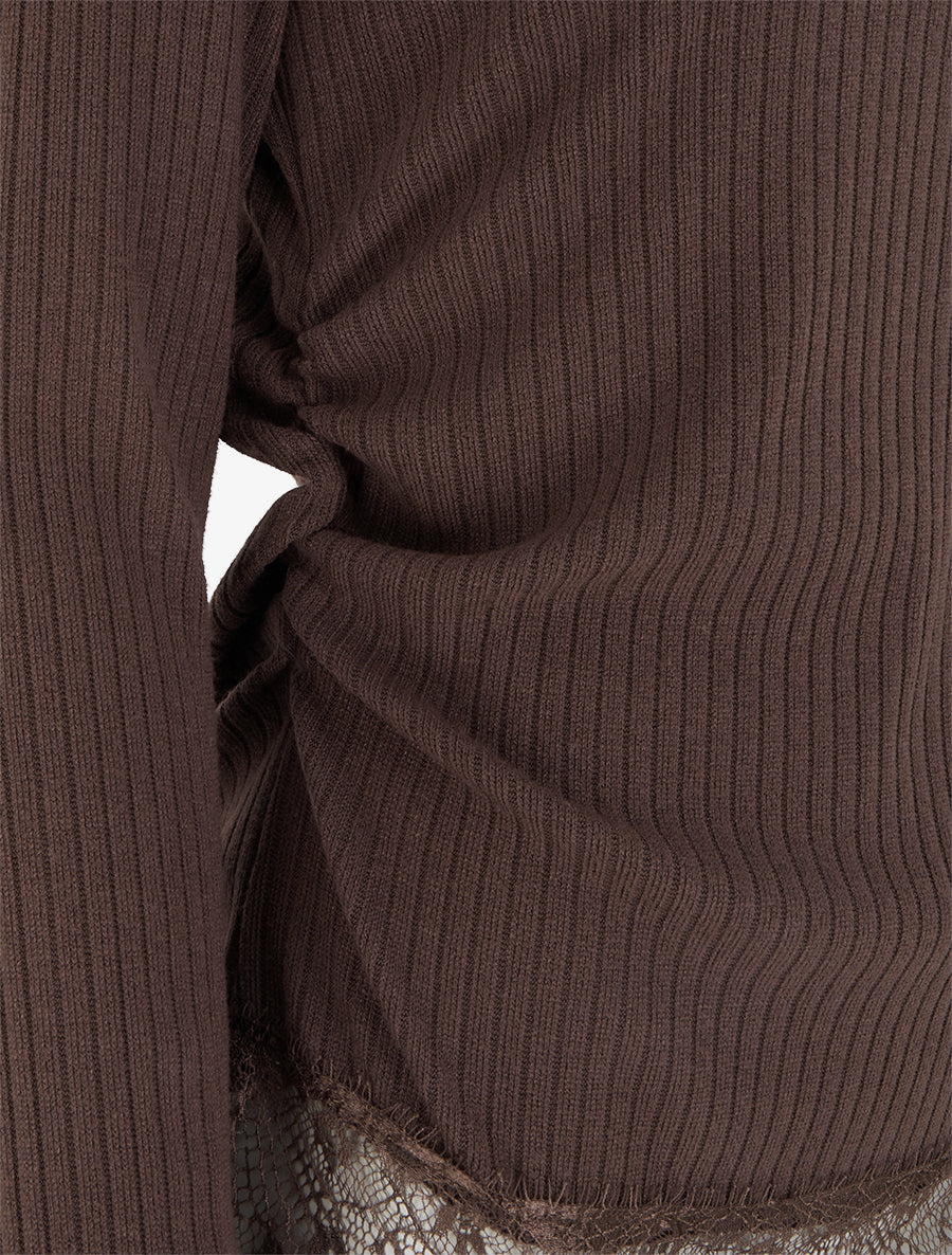 Pull côtelé bas dentelle et côtés froncés - Marron - 3