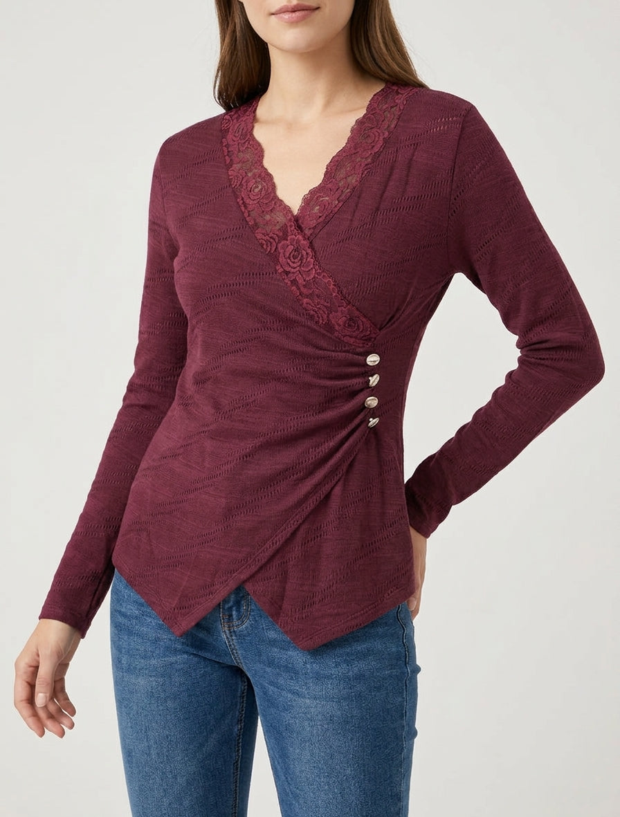 Pull fin à col cache-coeur en dentelle - Lie de vin