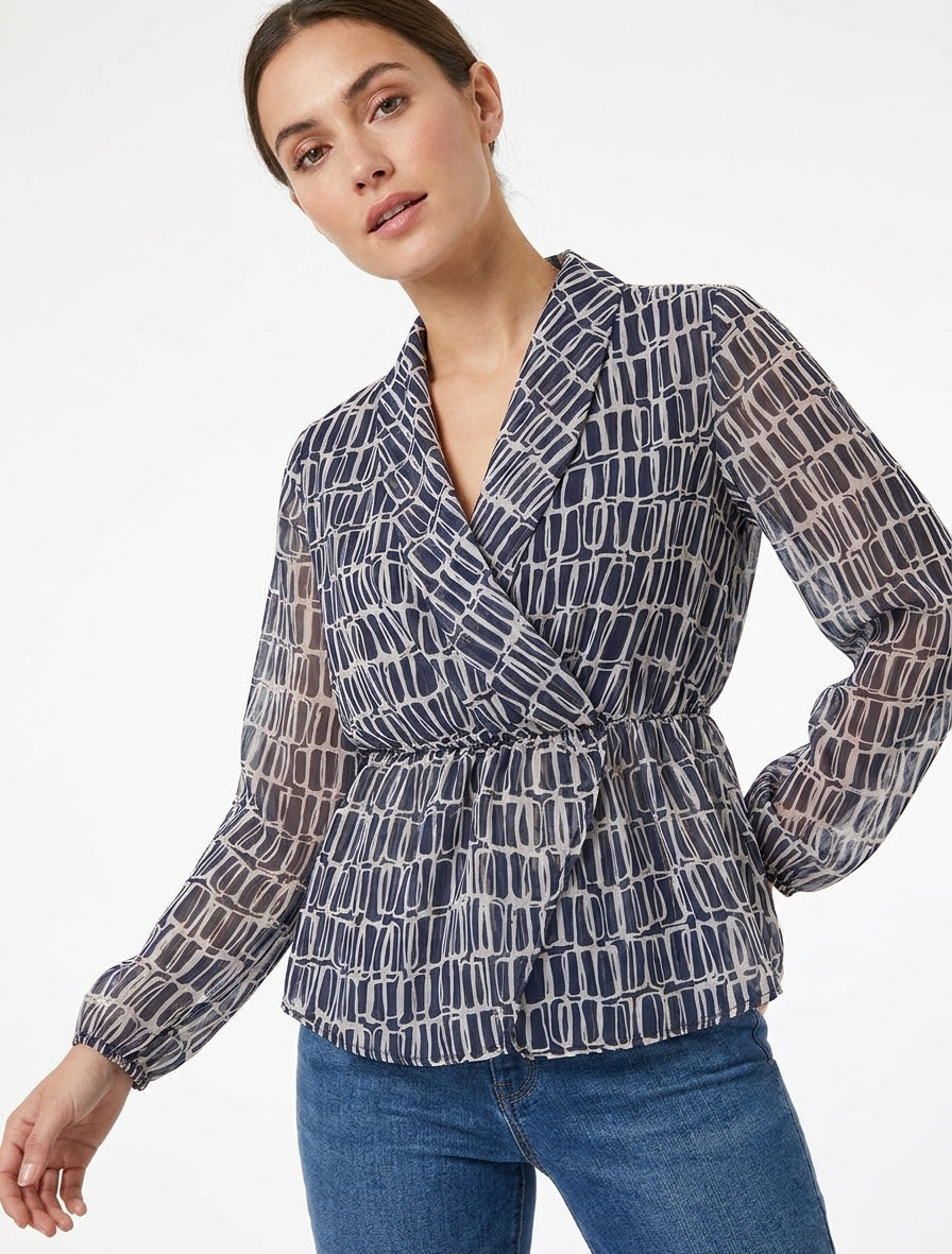 Blouse imprimée à col cache-coeur - Marine