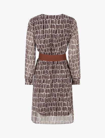 Robe mi-longue élastiquée imprimé graphique - Marron - 2
