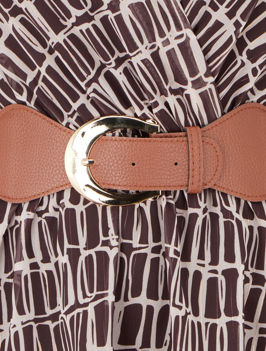 Robe mi-longue élastiquée imprimé graphique - Marron - 3