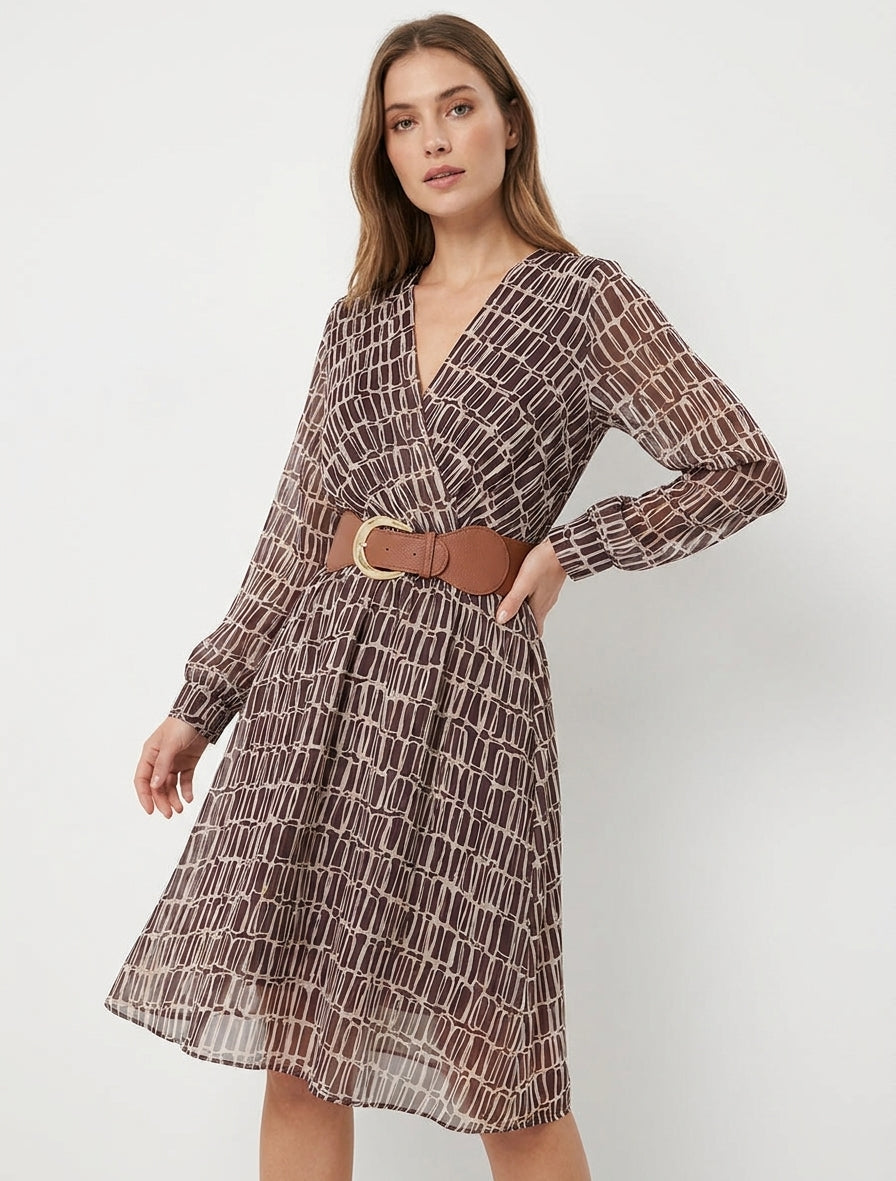 Robe mi-longue élastiquée imprimé graphique - Marron