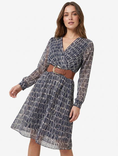Robe mi-longue élastiquée imprimé graphique - Marine