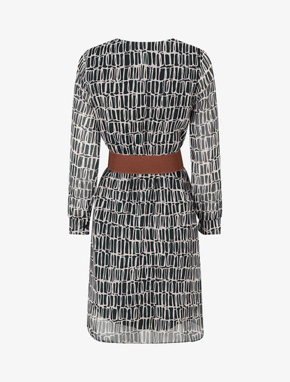 Robe mi-longue élastiquée imprimé graphique - Noir - 2