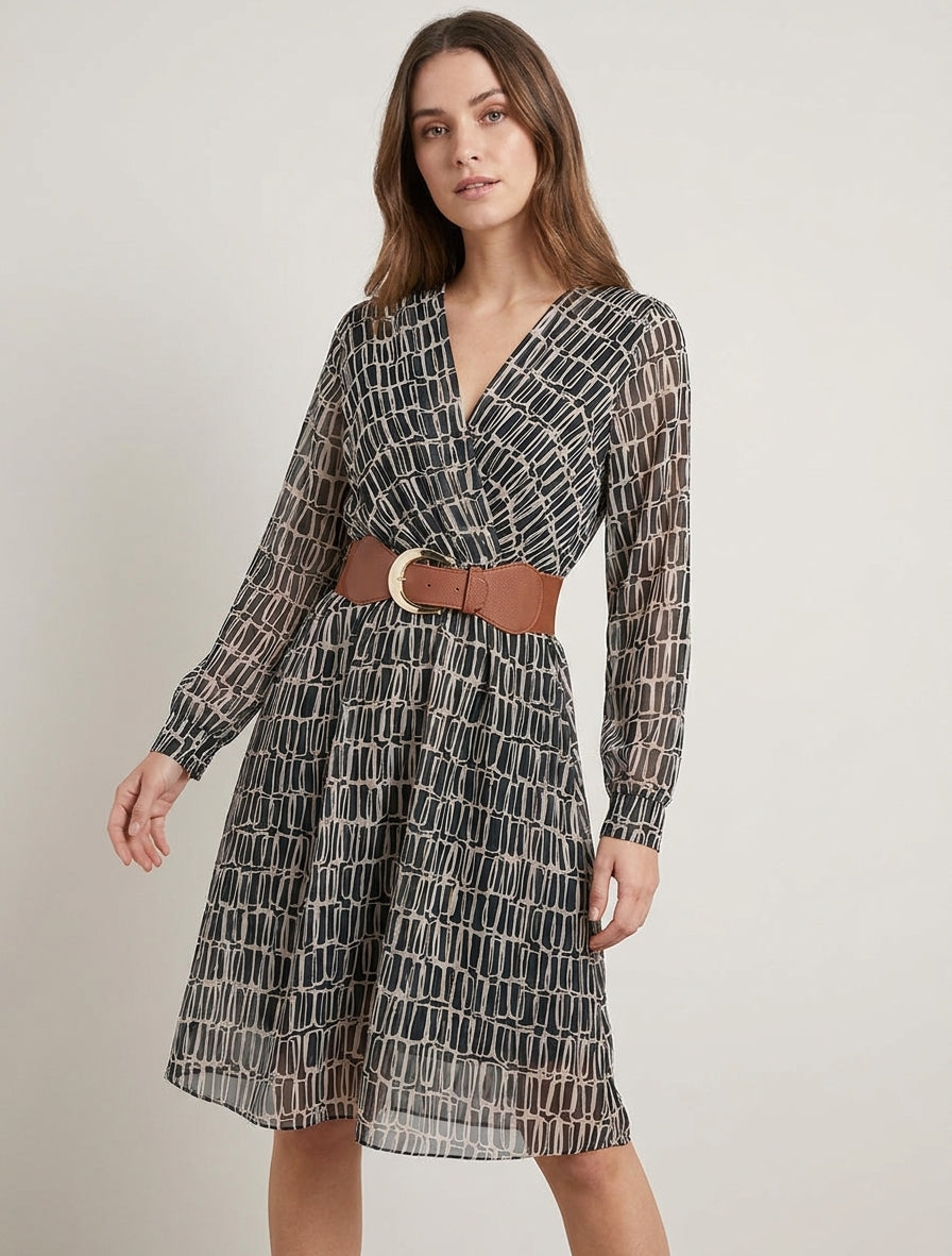Robe mi-longue élastiquée imprimé graphique - Noir