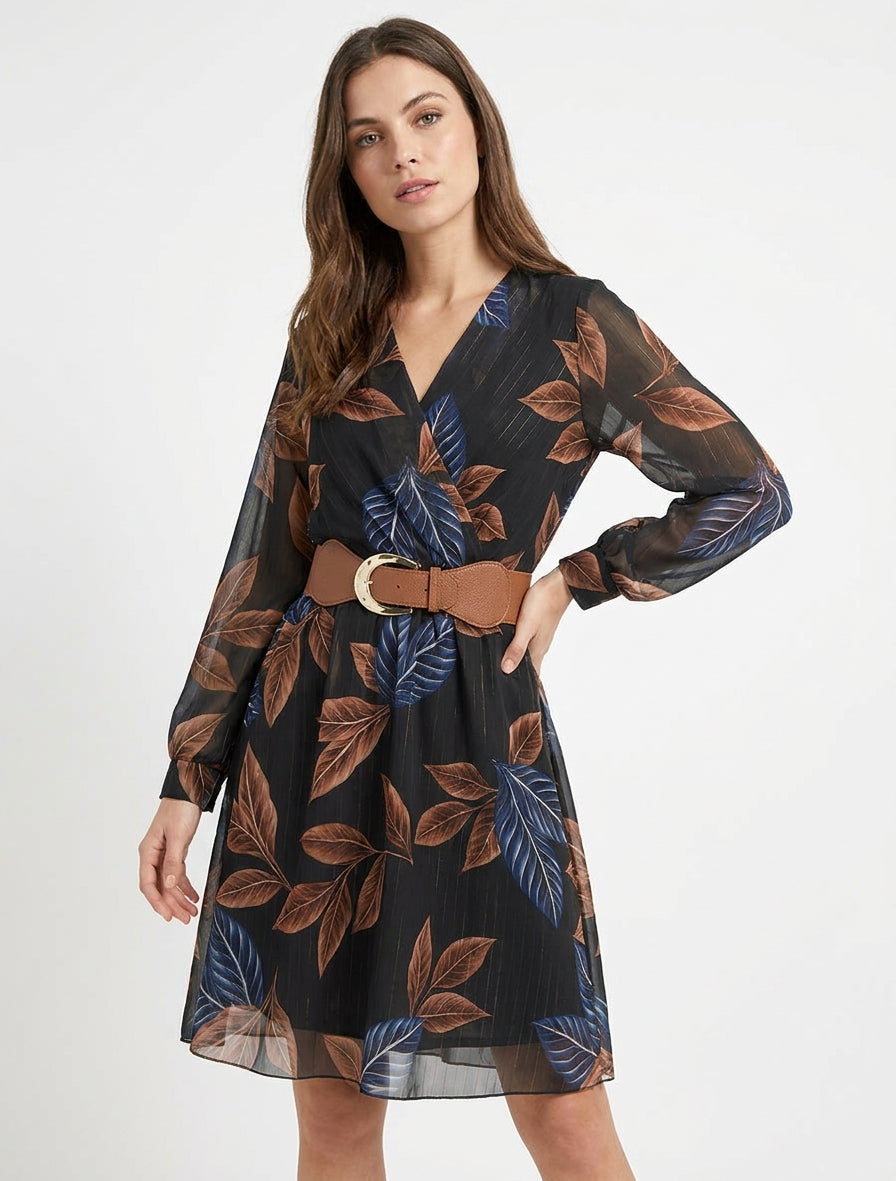 Robe mi-longue élastiquée imprimé feuilles - Noir