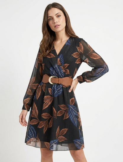 Robe mi-longue élastiquée imprimé feuilles - Noir