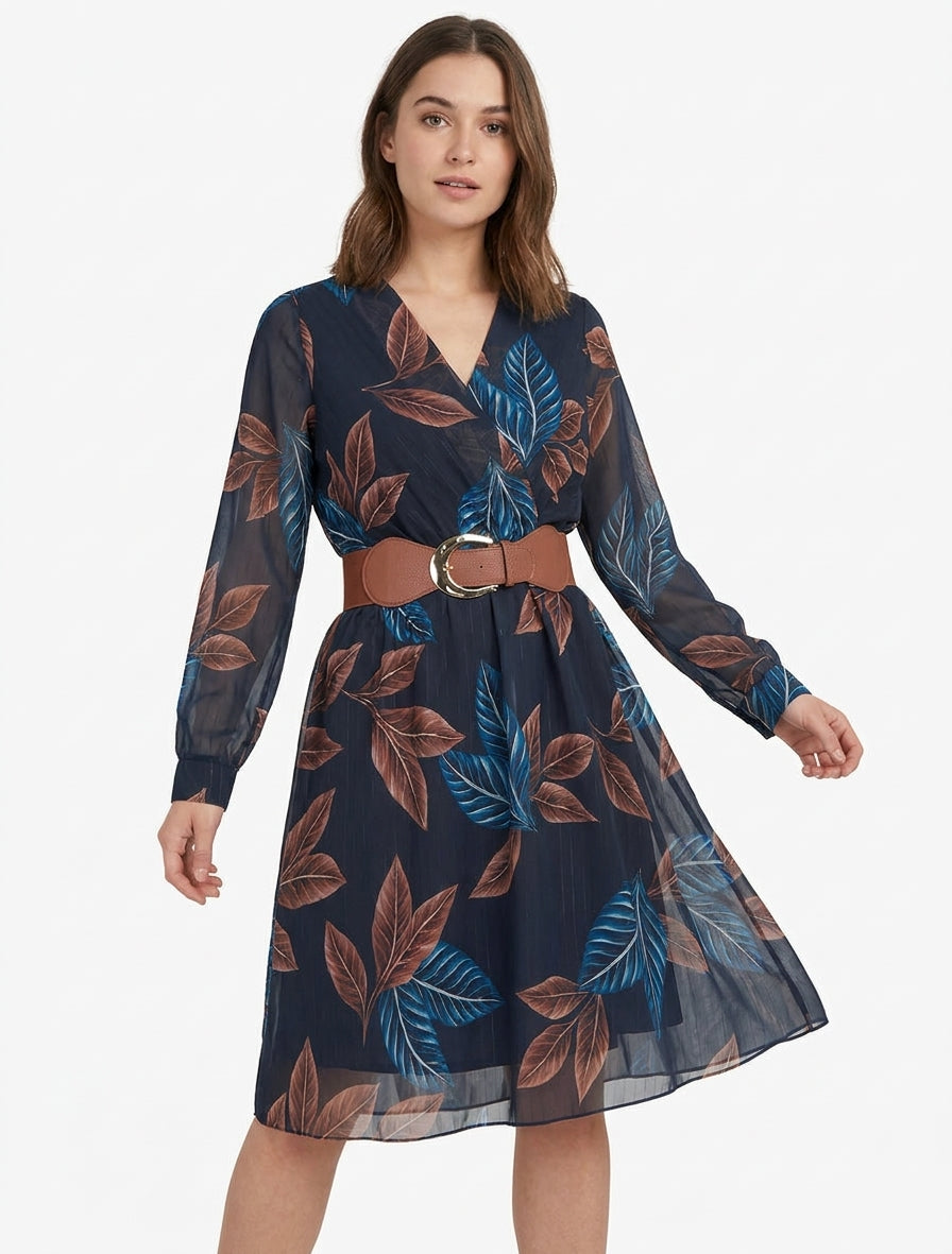 Robe mi-longue élastiquée imprimé feuilles - Marine