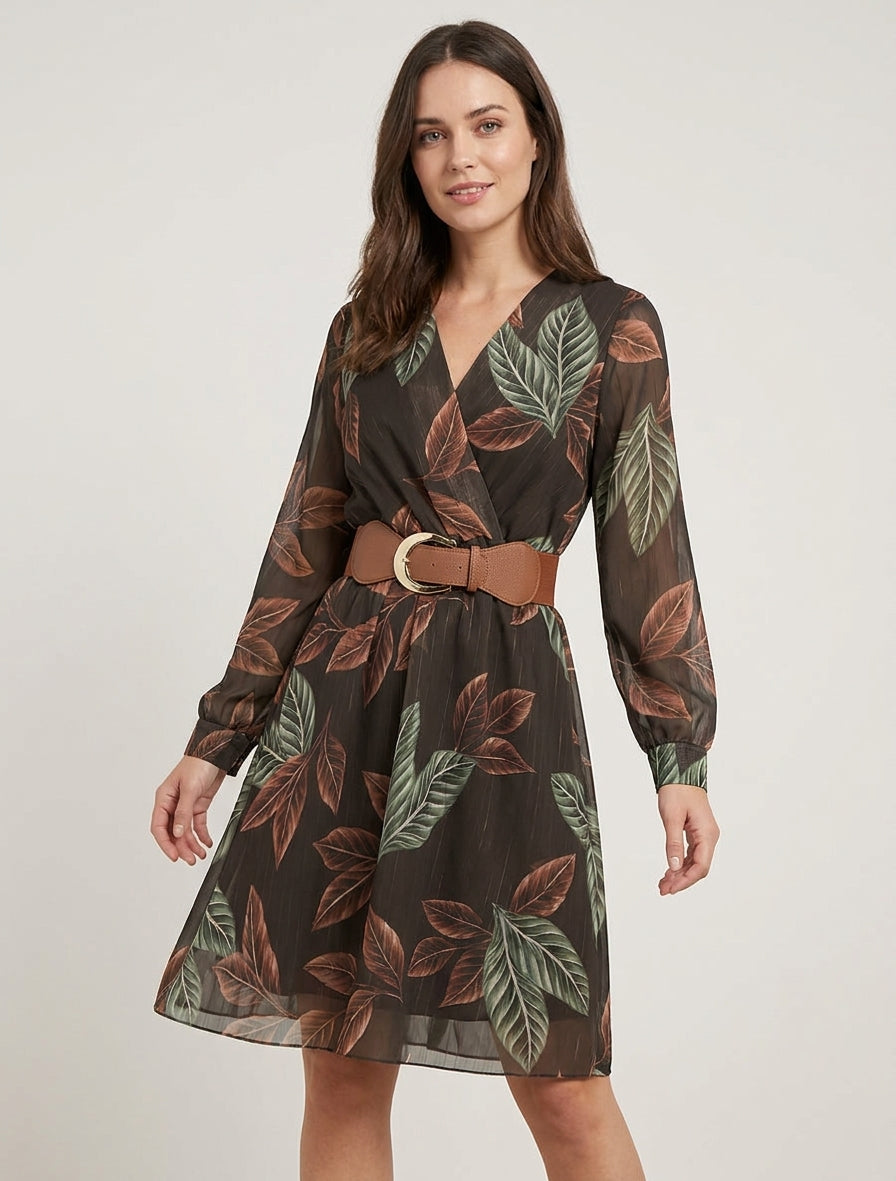 Robe mi-longue élastiquée imprimé feuilles - Marron