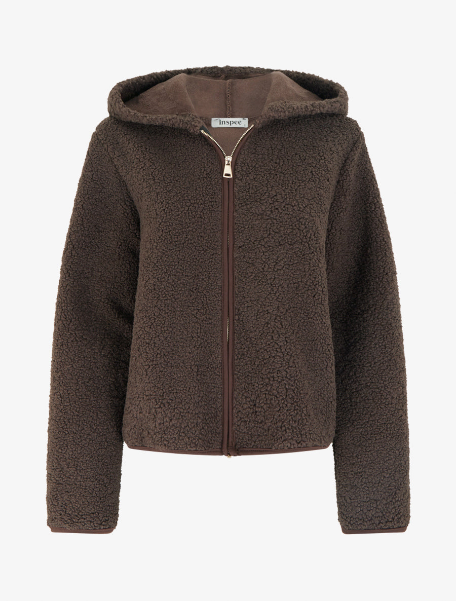 Veste zippée à capuche effet laine bouclée - Marron chocolat - 1