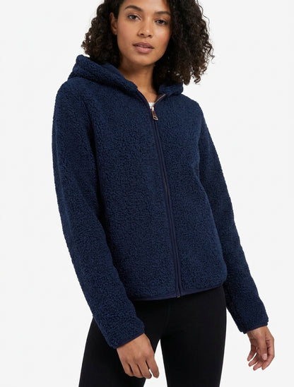 Veste zippée à capuche effet laine bouclée - Marine